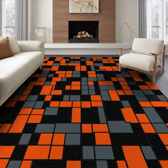 ODIKA 8'x10' Washable Area Rug Contemporary Mosaic Bold Blocks Squares Interlocking Geometric Abstract Refined for King Size Bedroom Under Bed, Master Suite, Non-Shedding, Easy Care