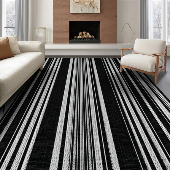 ODIKA 8'x10' Washable Area Rug Corridor Rectangular Minimalist Parallel Bands Contrasting Striped for Dining Room, Large Office, Lounge, Non-Slip Chair-Friendly Mat