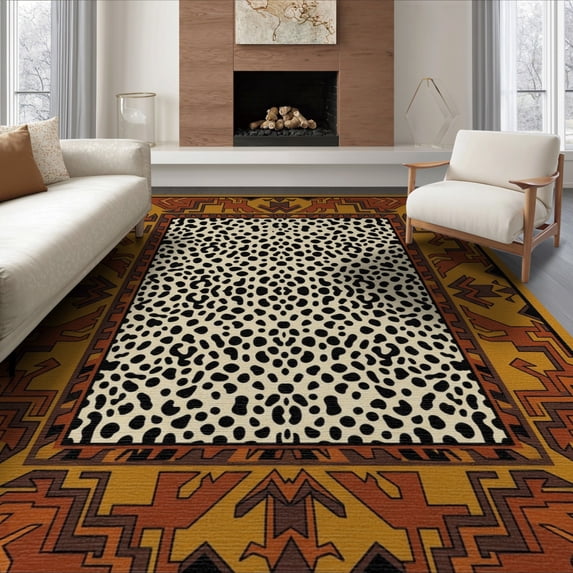 ODIKA 8'x10' Washable Area Rug Cowboy Southwestern Motif Fake Cow That Feel Table Spotted Print Playful for Living Room, Under Sectional, Family , Durable, Non-Slip