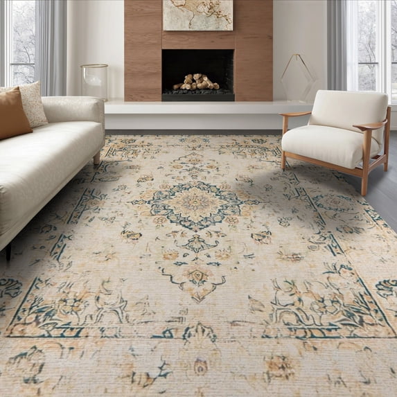 ODIKA 8'x10' Washable Area Rug Cream Beige Vintage Distressed Neutral Scroll Border Entryway for King Size Bedroom Under Bed, Master Suite, Non-Shedding, Easy Care