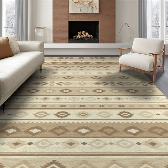 ODIKA 8'x10' Washable Area Rug Cream Neutral Southwestern Stripe Farmhouse Motifs Beige Boho Flowing Dynamic for Dining Room, Large Office, Lounge, Non-Slip Chair-Friendly Mat
