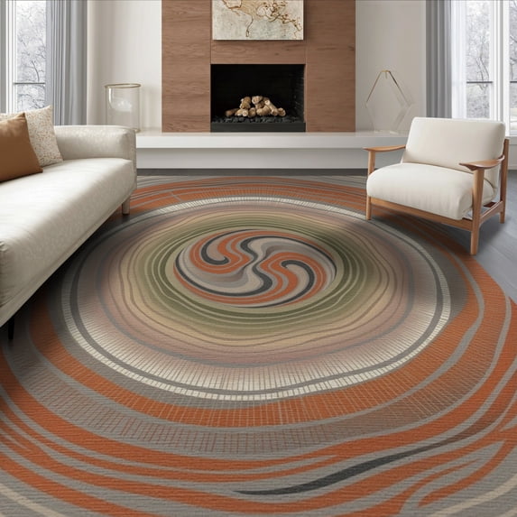 ODIKA 8'x10' Washable Area Rug Cross Section Concentric Annual Rings Earthy Stump Grain Ring Playful Expressive for Dining Room, Large Office, Lounge, Non-Slip Chair-Friendly Mat