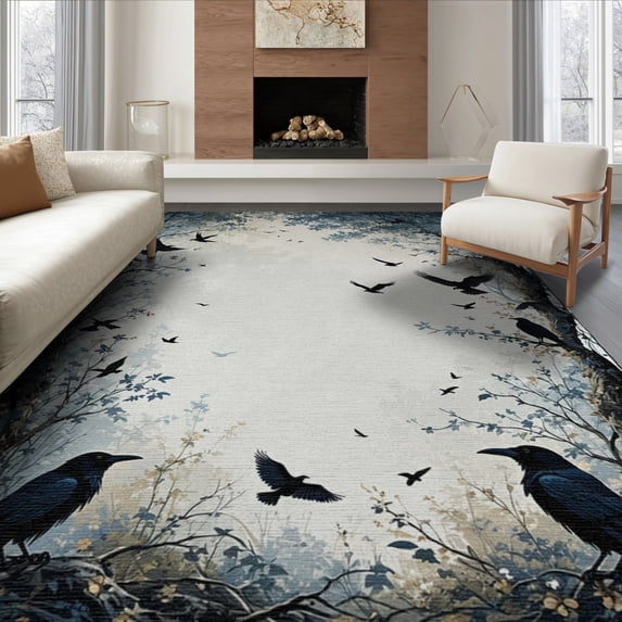 ODIKA 8'x10' Washable Area Rug Crow Flying Gothic Raven Flock Boho Botanical Frame Mystical for King Size Bedroom Under Bed, Master Suite, Non-Shedding, Easy Care