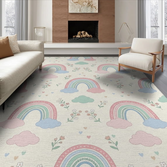 ODIKA 8'x10' Washable Area Rug Cute Motifs Entry Scattered Polka Dot Pink Navy Whimsical Playful for King Size Bedroom Under Bed, Master Suite, Non-Shedding, Easy Care
