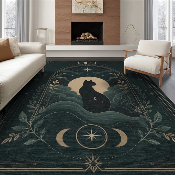 ODIKA 8'x10' Washable Area Rug Dark Teal Gold Celestial Cat Design Mystical Moon Phases with Starry Accents for Living Room, Under Sectional, Family , Durable, Non-Slip