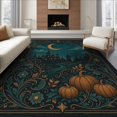 thumbnail image 1 of ODIKA 8'x10' Washable Area Rug Dark Teal Gold Moonlit Castle Scene Intricate Gothic Design with Pumpkins for Living Room, Under Sectional, Family , Durable, Non-Slip, 1 of 7