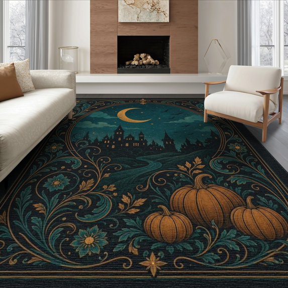 ODIKA 8'x10' Washable Area Rug Dark Teal Gold Moonlit Castle Scene Intricate Gothic Design with Pumpkins for Living Room, Under Sectional, Family , Durable, Non-Slip