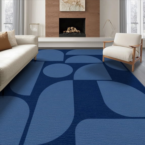 ODIKA 8'x10' Washable Area Rug Deep Blue Geometric Balance and Design Elegant Symmetrical Abstract Shapes in for Living Room, Under Sectional, Family , Durable, Non-Slip