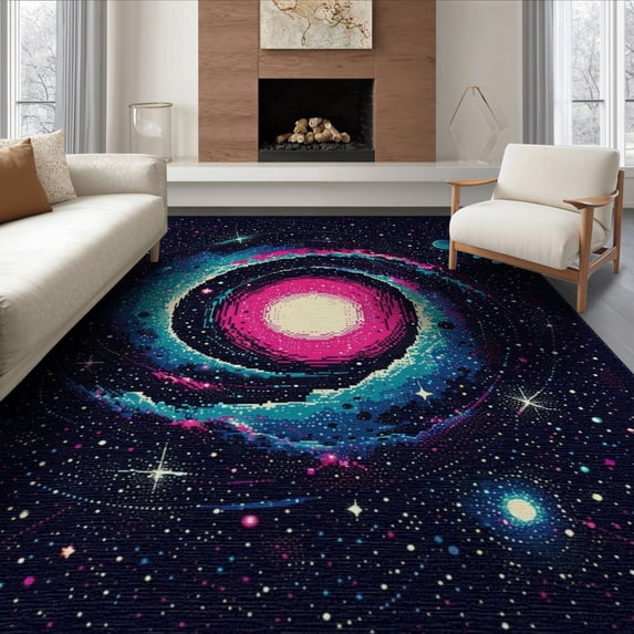 ODIKA 8'x10' Washable Area Rug Deep Navy Black Galaxy Starry Nebula Theme Meteorite Uranus Themed Cosmic Vortex with Trails for Dining Room, Large Office, Lounge, Non-Slip Chair-Friendly Mat