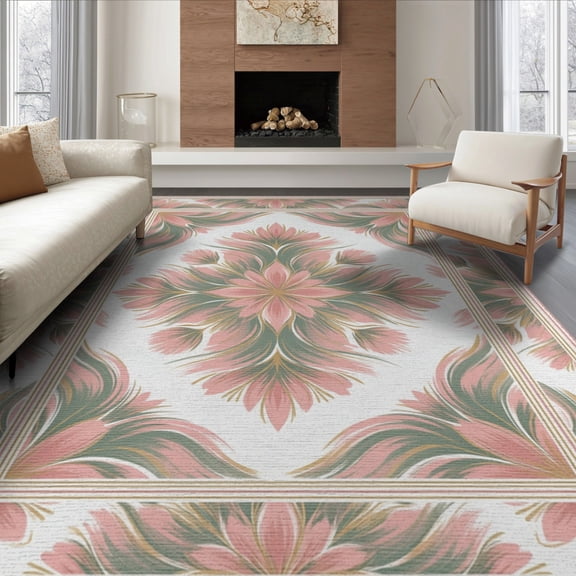 ODIKA 8'x10' Washable Area Rug Delicate Pink Transitional Blends Crisp Painterly Edges for King Size Bedroom Under Bed, Master Suite, Non-Shedding, Easy Care
