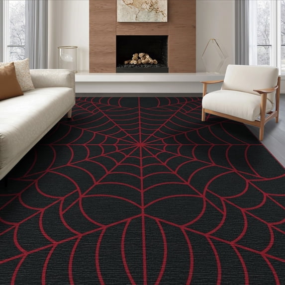 ODIKA 8'x10' Washable Area Rug Design With Bold Radiating Strands And Dark Border Spider Web Playful for Living Room, Under Sectional, Family , Durable, Non-Slip