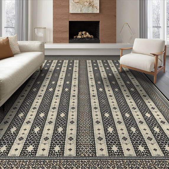 ODIKA 8'x10' Washable Area Rug Diamond Grid Checkered Trellis With Boho Geometric Tile Motifs for Dining Room, Large Office, Lounge, Non-Slip Chair-Friendly Mat