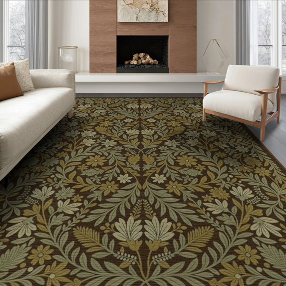 ODIKA 8'x10' Washable Area Rug Dining Under Academia Inspired Leafy Symmetrical Table Alfombras for King Size Bedroom Bed, Master Suite, Non-Shedding, Easy Care