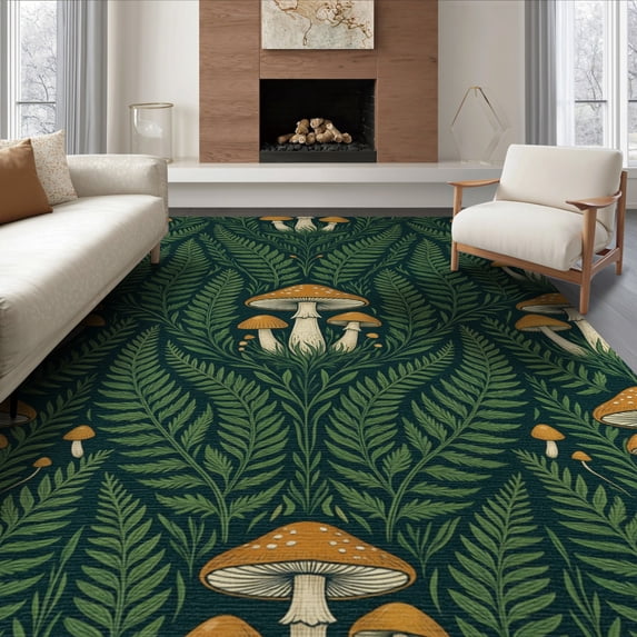 ODIKA 8'x10' Washable Area Rug Dining Under Mushroom Botanical Forest Toadstool Motifs Table for King Size Bedroom Bed, Master Suite, Non-Shedding, Easy Care