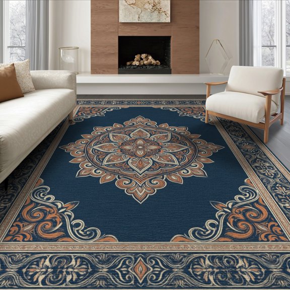 ODIKA 8'x10' Washable Area Rug Dining Table Symmetrical Motif Muted Palette Decorative Boho for Living Room, Under Sectional, Family , Durable, Non-Slip