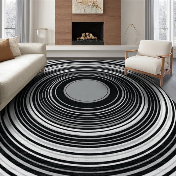 ODIKA 8'x10' Washable Area Rug Disc Record Radiating Rings Musical Theme Round Shaped Music for Dining Room, Large Office, Lounge, Non-Slip Chair-Friendly Mat