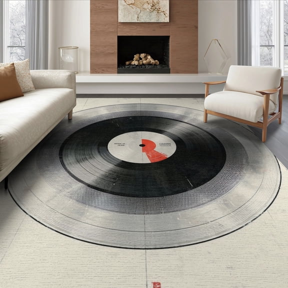 ODIKA 8'x10' Washable Area Rug Disc Vinyl Record Retro Cd Concentric Grooves Motif Shaped Music for King Size Bedroom Under Bed, Master Suite, Non-Shedding, Easy Care