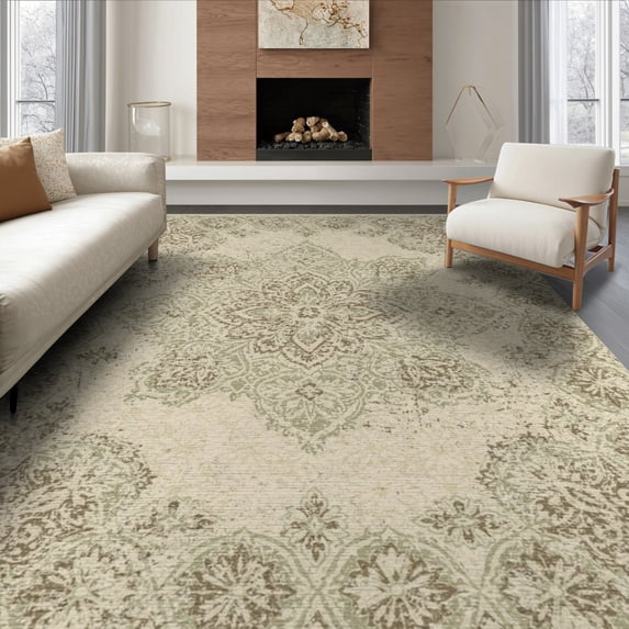 ODIKA 8'x10' Washable Area Rug Distressed Boho Border Scrolls Ornamental Scroll Trellis Vintage Flowing Dynamic for Dining Room, Large Office, Lounge, Non-Slip Chair-Friendly Mat