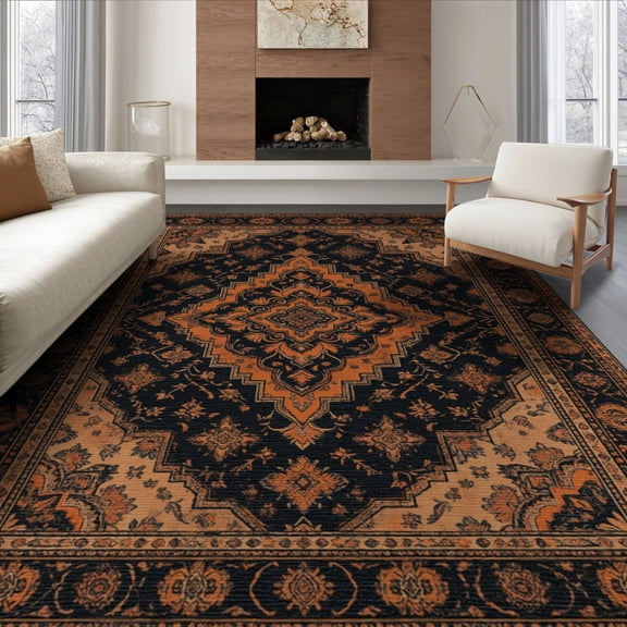 ODIKA 8'x10' Washable Area Rug Distressed Faded Painterly Motifs Brushstroke Abstract Vintage Refined for King Size Bedroom Under Bed, Master Suite, Non-Shedding, Easy Care