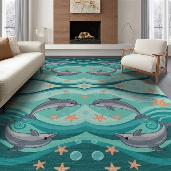 ODIKA 8'x10' Washable Area Rug Dolphin Print Ocean Wave Starfish Border Themed Theme Marine for Dining Room, Large Office, Lounge, Non-Slip Chair-Friendly Mat
