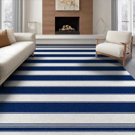 ODIKA 8'x10' Washable Area Rug Door Nautical Layered Border Front Doormat Stripe Welcome Striped Refined for King Size Bedroom Under Bed, Master Suite, Non-Shedding, Easy Care