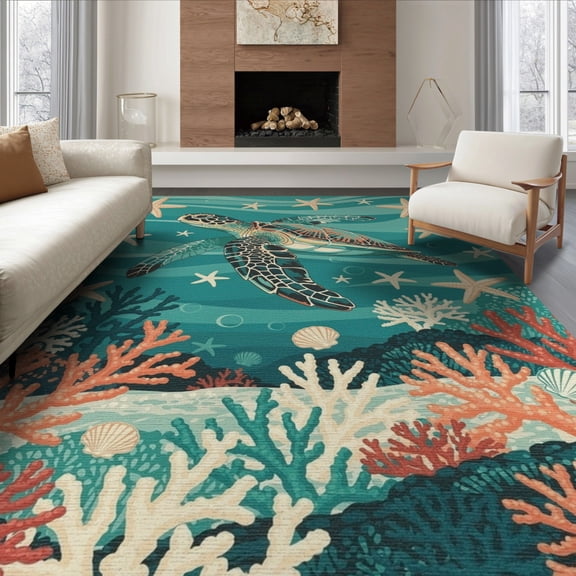 ODIKA 8'x10' Washable Area Rug Door Nautical Ocean Turtle Starfish Motif Teal Turquoise Round for Dining Room, Large Office, Lounge, Non-Slip Chair-Friendly Mat