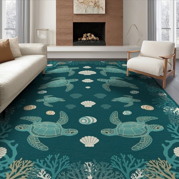 ODIKA 8'x10' Washable Area Rug Door Turtle Ocean Nautical Coral Reef Border Round Jellyfish for Living Room, Under Sectional, Family , Durable, Non-Slip