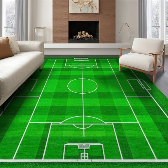 ODIKA 8'x10' Washable Area Rug Doormat Door Soccer Field Bold Stripe Borders Center Circle Themed for King Size Bedroom Under Bed, Master Suite, Non-Shedding, Easy Care