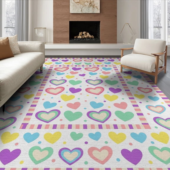 ODIKA 8'x10' Washable Area Rug Dots Whimsical Borders Ombre Gradient Watercolor Large Confetti Pink Playful for Dining Room, Office, Lounge, Non-Slip Chair-Friendly Mat