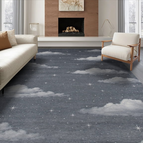 ODIKA 8'x10' Washable Area Rug Dreamy Print Twinkling Scatter Constellation Map Border Starry Flowing Dynamic for King Size Bedroom Under Bed, Master Suite, Non-Shedding, Easy Care