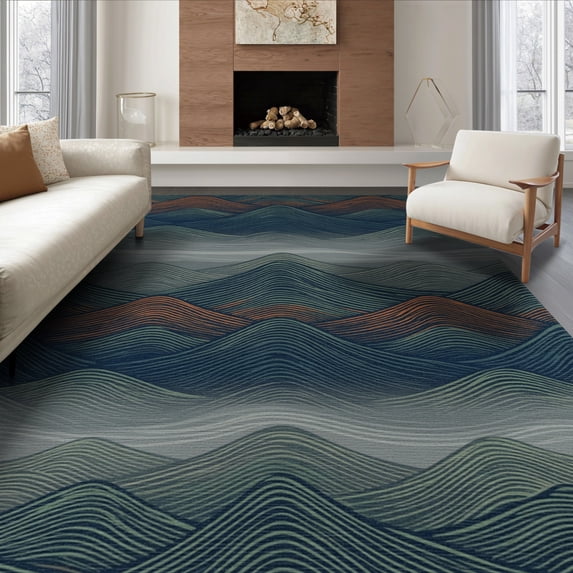ODIKA 8'x10' Washable Area Rug Durable, Non-Slip Abstract Boho Distressed Layered Motif Round Tone Wave Landscape Refined for Living Room, Under Sectional, Family