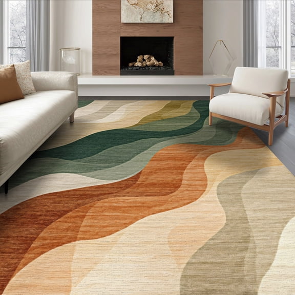 ODIKA 8'x10' Washable Area Rug Durable, Non-Slip Abstract Geometric Earth Tone Waves Contemporary Intersecting Lines Design for Living Room, Under Sectional, Family