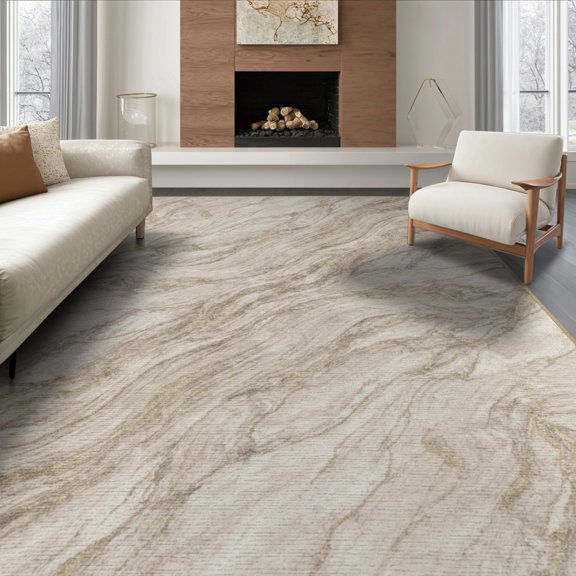 ODIKA 8'x10' Washable Area Rug Durable, Non-Slip Abstract Key Effect Streaked Mosaic Sculptures Cream for Living Room, Under Sectional, Family