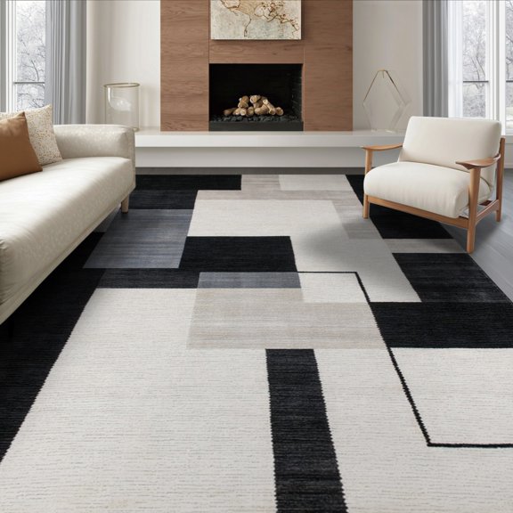 ODIKA 8'x10' Washable Area Rug Durable, Non-Slip Abstract Modern Brushstroke With Minimalist Geometric Accents for Living Room, Under Sectional, Family