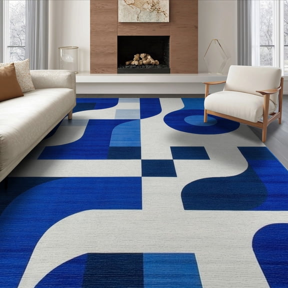 ODIKA 8'x10' Washable Area Rug Durable, Non-Slip Abstract Modern Interlocking Shapes With Minimalist Wave Motif for Living Room, Under Sectional, Family