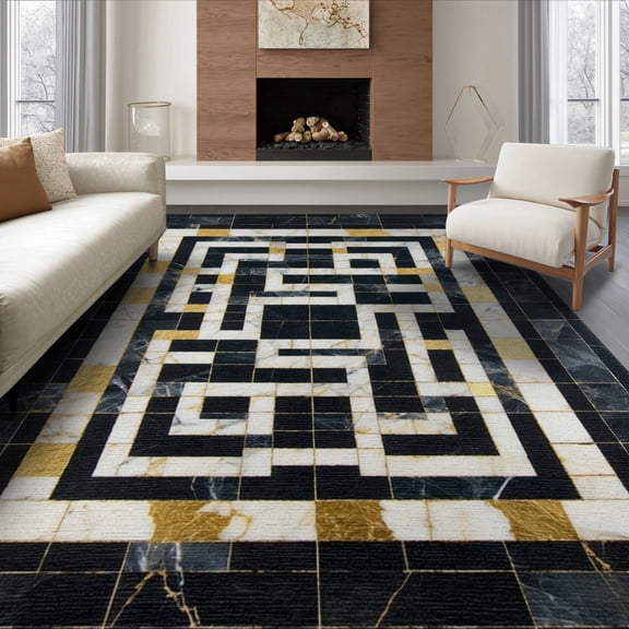ODIKA 8'x10' Washable Area Rug Durable, Non-Slip Abstract Mosaic Tie Dye Interlocking Fuzzy Smalltan for Living Room, Under Sectional, Family