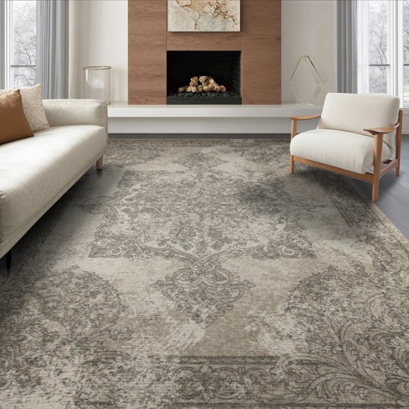 ODIKA 8'x10' Washable Area Rug Durable, Non-Slip Abstract Weathered Way Motif Ornamental Details Lightweight Throw for Living Room, Under Sectional, Family