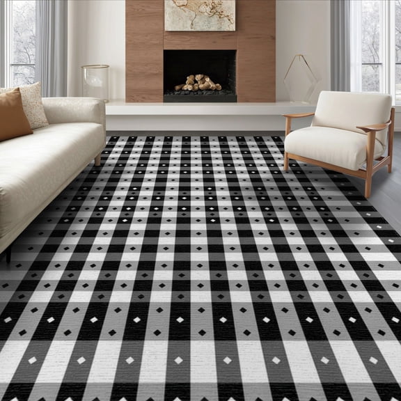 ODIKA 8'x10' Washable Area Rug Durable, Non-Slip Aesthetic Checkers Straight Contemporary Checkered Checkerboard for Living Room, Under Sectional, Family