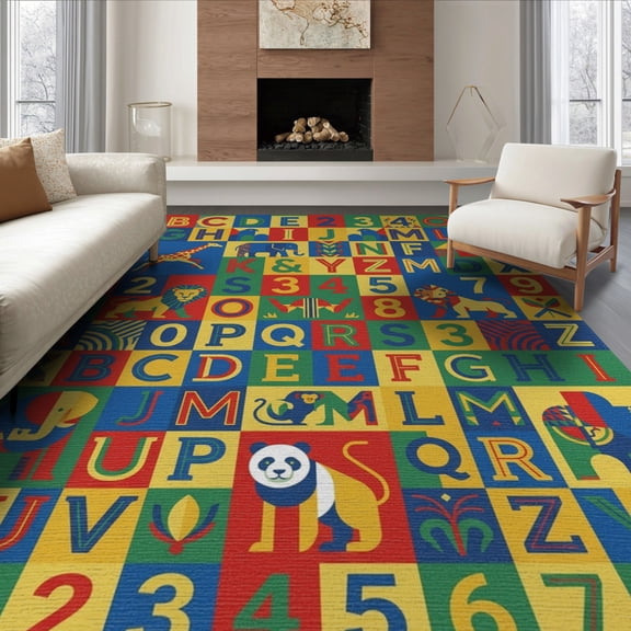 ODIKA 8'x10' Washable Area Rug Durable, Non-Slip Alphabet Classroom Abc Elementary Block Layout Vibrant School for Living Room, Under Sectional, Family