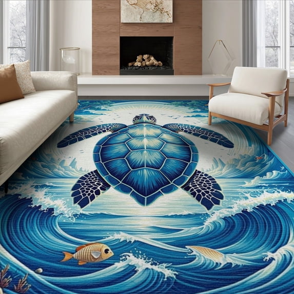 ODIKA 8'x10' Washable Area Rug Durable, Non-Slip Animals Turtle Symmetrical Ocean Wave Border Nautical Motif Scattered for Living Room, Under Sectional, Family