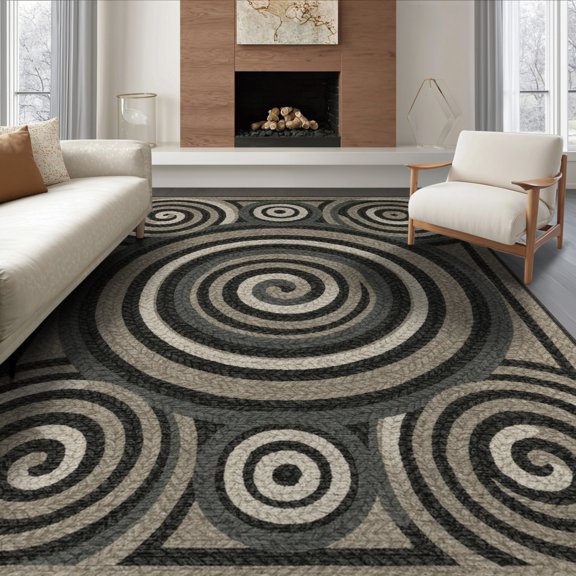 ODIKA 8'x10' Washable Area Rug Durable, Non-Slip Banded Rings Vintage Spiral Motif Concentric Ring Folk Primitive Flowing Dynamic for Living Room, Under Sectional, Family