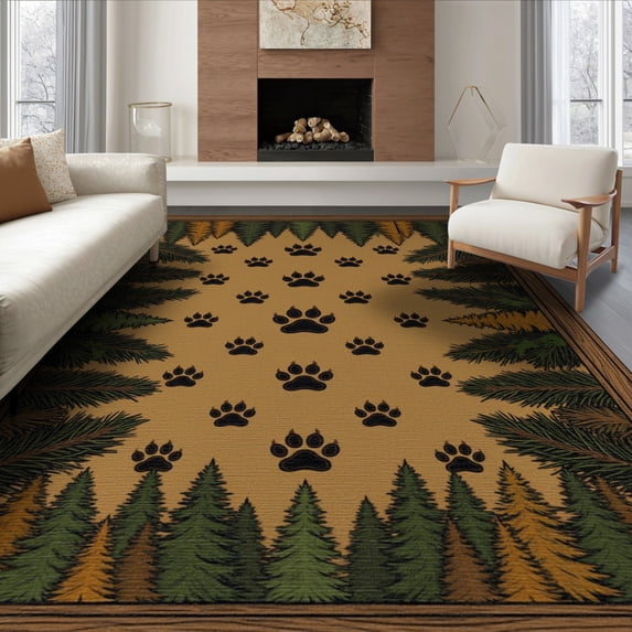 ODIKA 8'x10' Washable Area Rug Durable, Non-Slip Bear Paw Print Woodland With Vintage Wood Grain Forest Border for Living Room, Under Sectional, Family