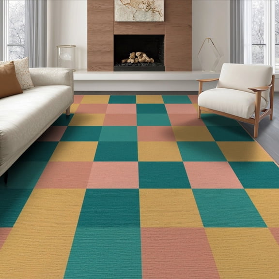 ODIKA 8'x10' Washable Area Rug Durable, Non-Slip Bedside Whimsical Alternating Geometric Block Cheerful Hopscotch for Living Room, Under Sectional, Family