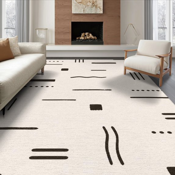 ODIKA 8'x10' Washable Area Rug Durable, Non-Slip Beige Black Geometric Lines and Blocks Design Contemporary Abstract with Minimalist Style for Living Room, Under Sectional, Family