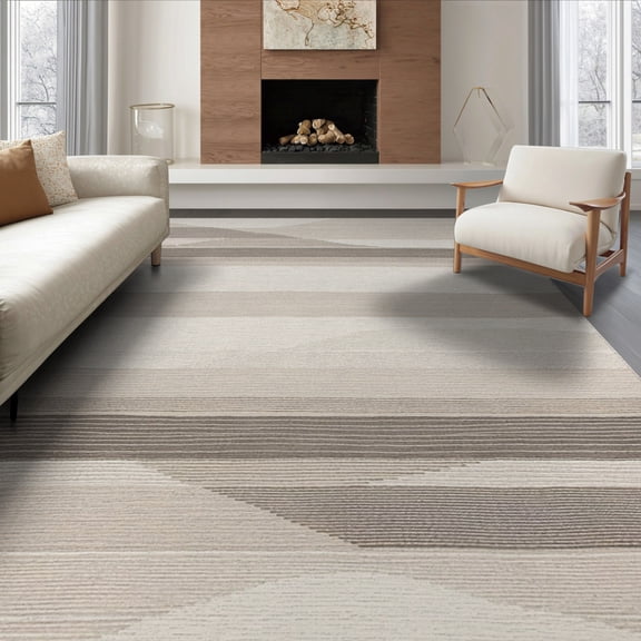 ODIKA 8'x10' Washable Area Rug Durable, Non-Slip Beige Cream Abstract Stripe Contemporary Wave Lines Neutral Tones for Living Room, Under Sectional, Family