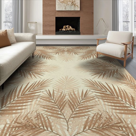 ODIKA 8'x10' Washable Area Rug Durable, Non-Slip Beige Cream Leafy Decorative Balanced Rectangular Fronds Large for Living Room, Under Sectional, Family