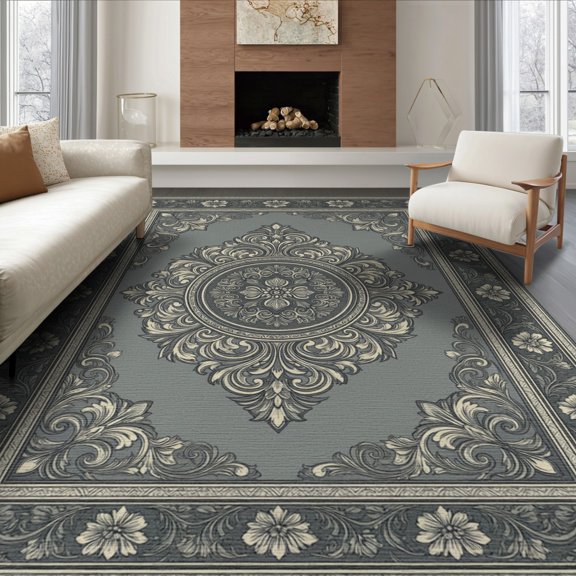 ODIKA 8'x10' Washable Area Rug Durable, Non-Slip Beige Distressed Border Scroll Dining Table Are Large Vintage Refined Structured for Living Room, Under Sectional, Family