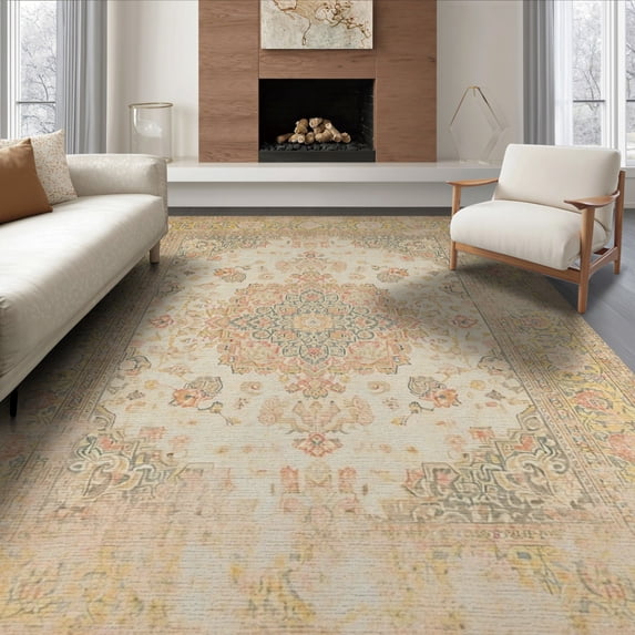 ODIKA 8'x10' Washable Area Rug Durable, Non-Slip Beige Frame Vintage Distressed Ornate Scrollwork Traditional Border for Living Room, Under Sectional, Family
