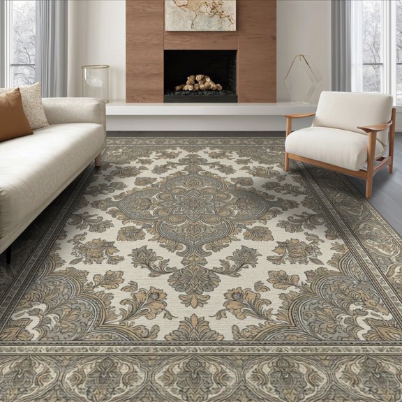 ODIKA 8'x10' Washable Area Rug Durable, Non-Slip Beige Grey Boho Ornamental Intricate Decorative Layout Neutral for Living Room, Under Sectional, Family