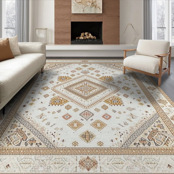 ODIKA 8'x10' Washable Area Rug Durable, Non-Slip Beige Large Boho Geometric Lattice Border Neutral Dining for Living Room, Under Sectional, Family